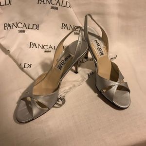 Vintage Pancaldi high heel evening sling shoe' size7 AA, silver sandal type